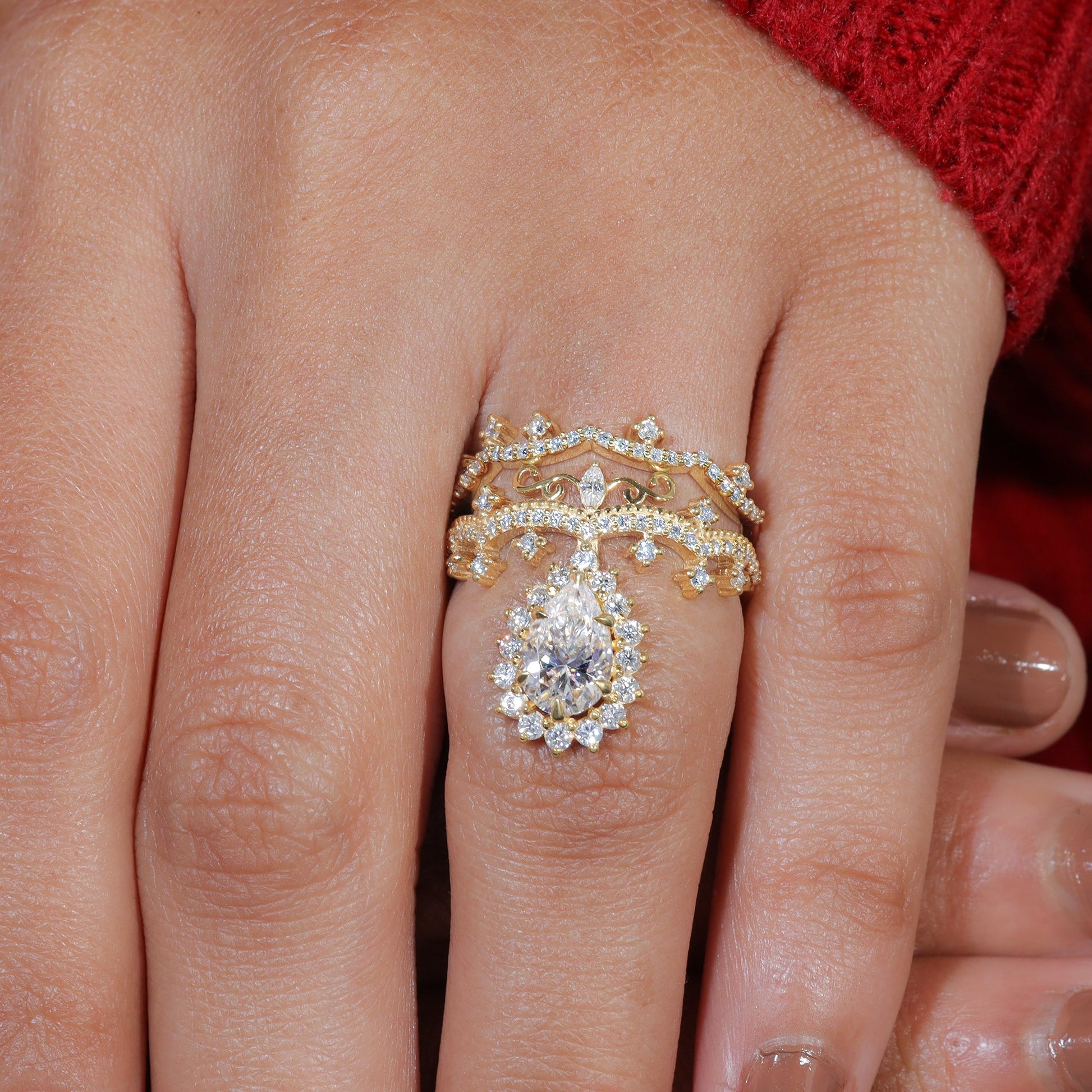 Pear Shape Moissanite Unique Vintage Engagement Ring Set