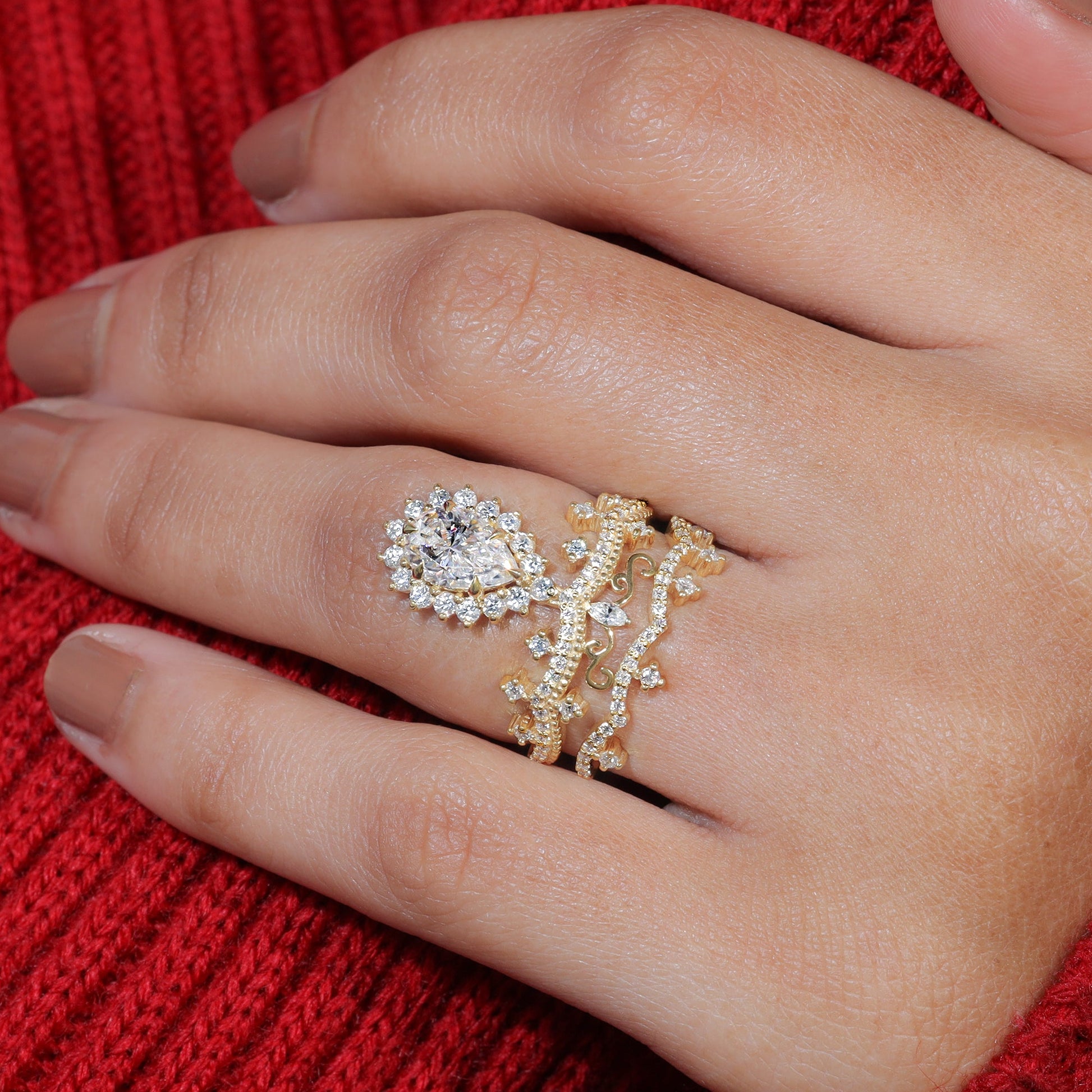 Pear Shape Moissanite Unique Vintage Engagement Ring Set
