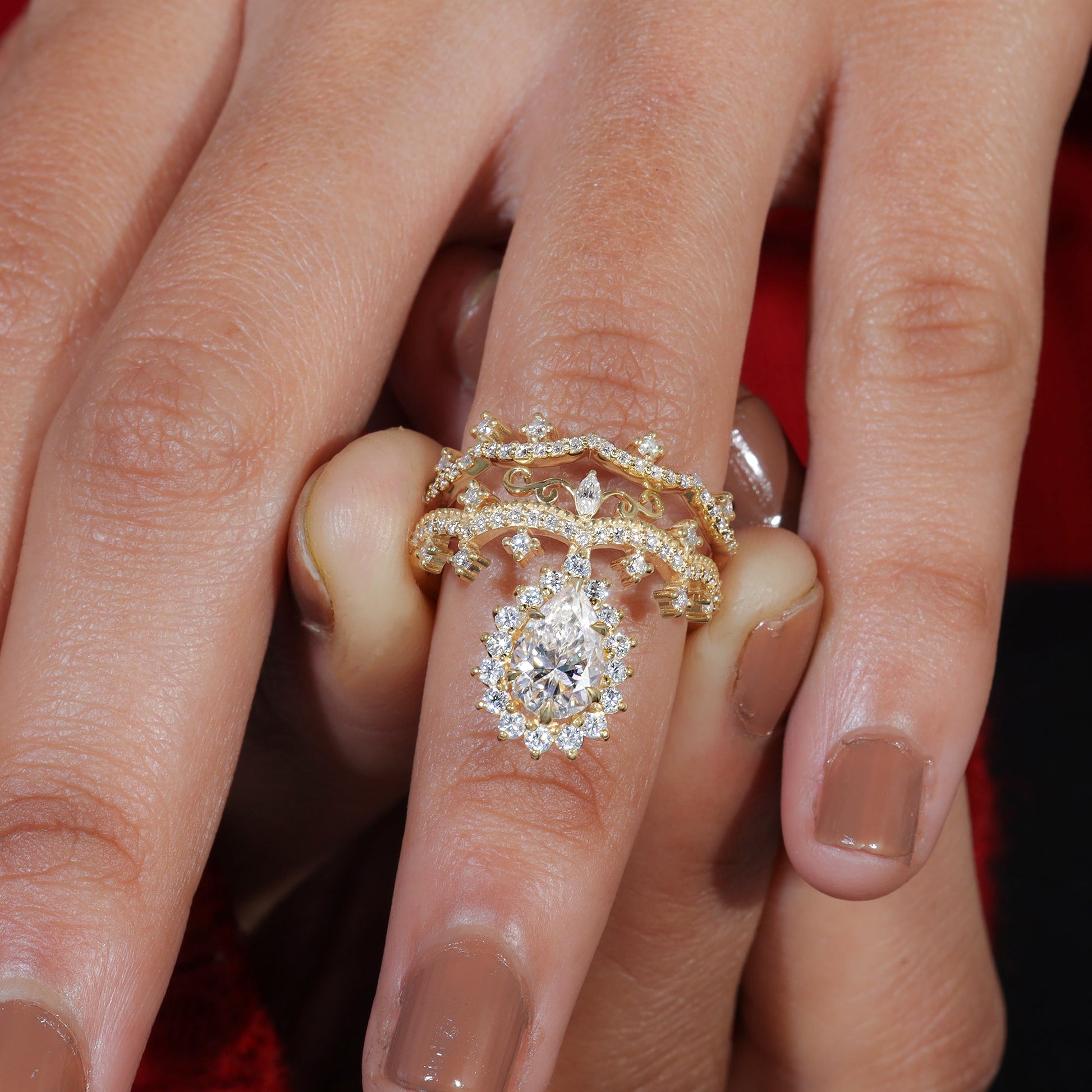 Pear Shape Moissanite Unique Vintage Engagement Ring Set