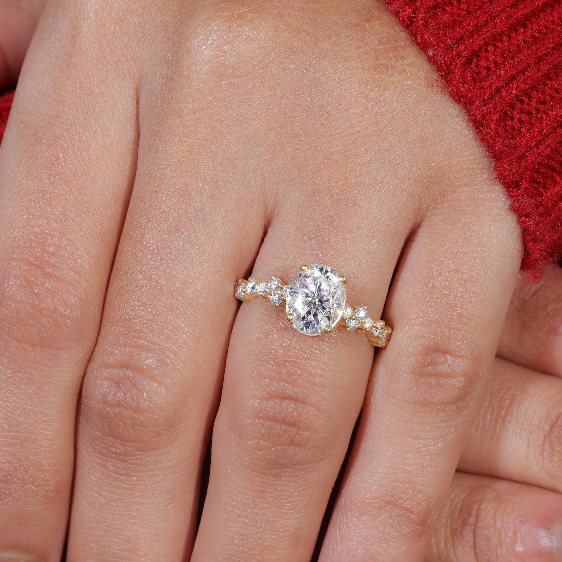 Oval Shape Moissanite Cluster Set Engagement Ring