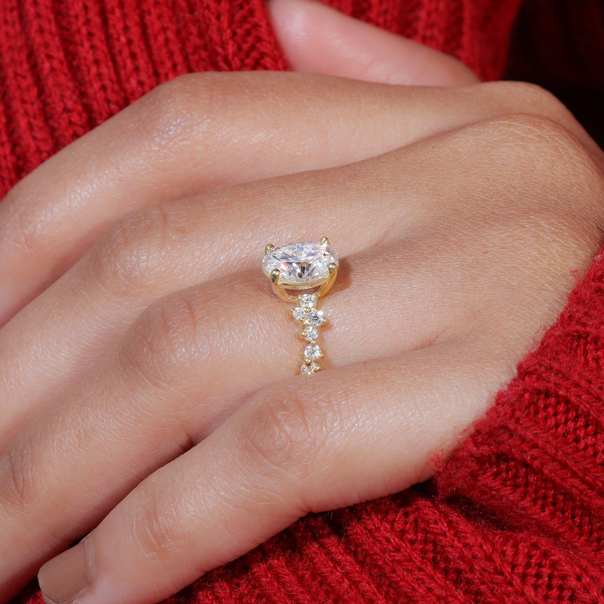 Oval Shape Moissanite Cluster Set Engagement Ring