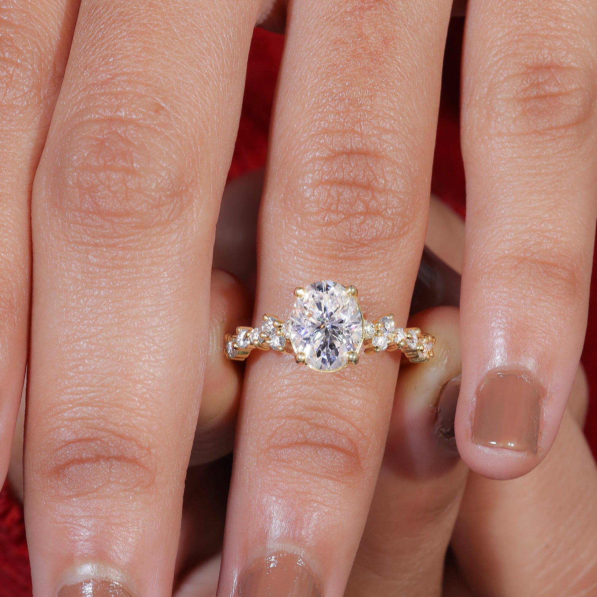 Oval Shape Moissanite Cluster Set Engagement Ring