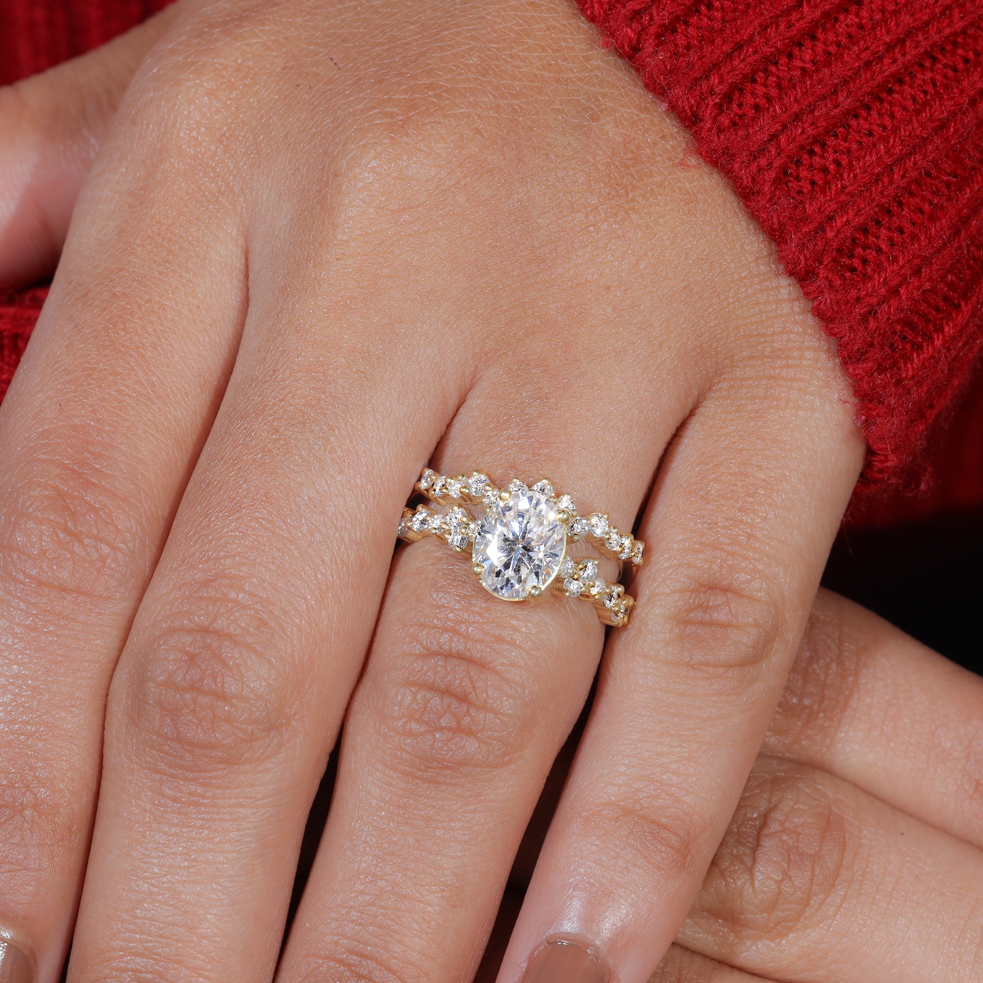 Oval Cut Moissanite Cluster Set Vintage Bridal Ring Set