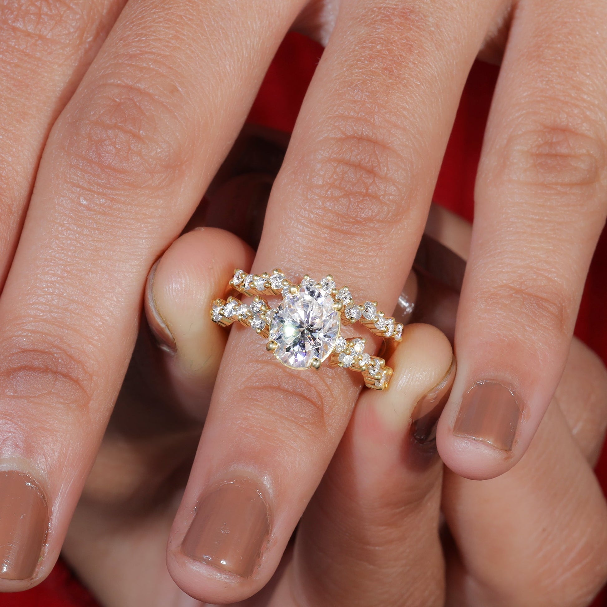 Oval Cut Moissanite Cluster Set Vintage Bridal Ring Set