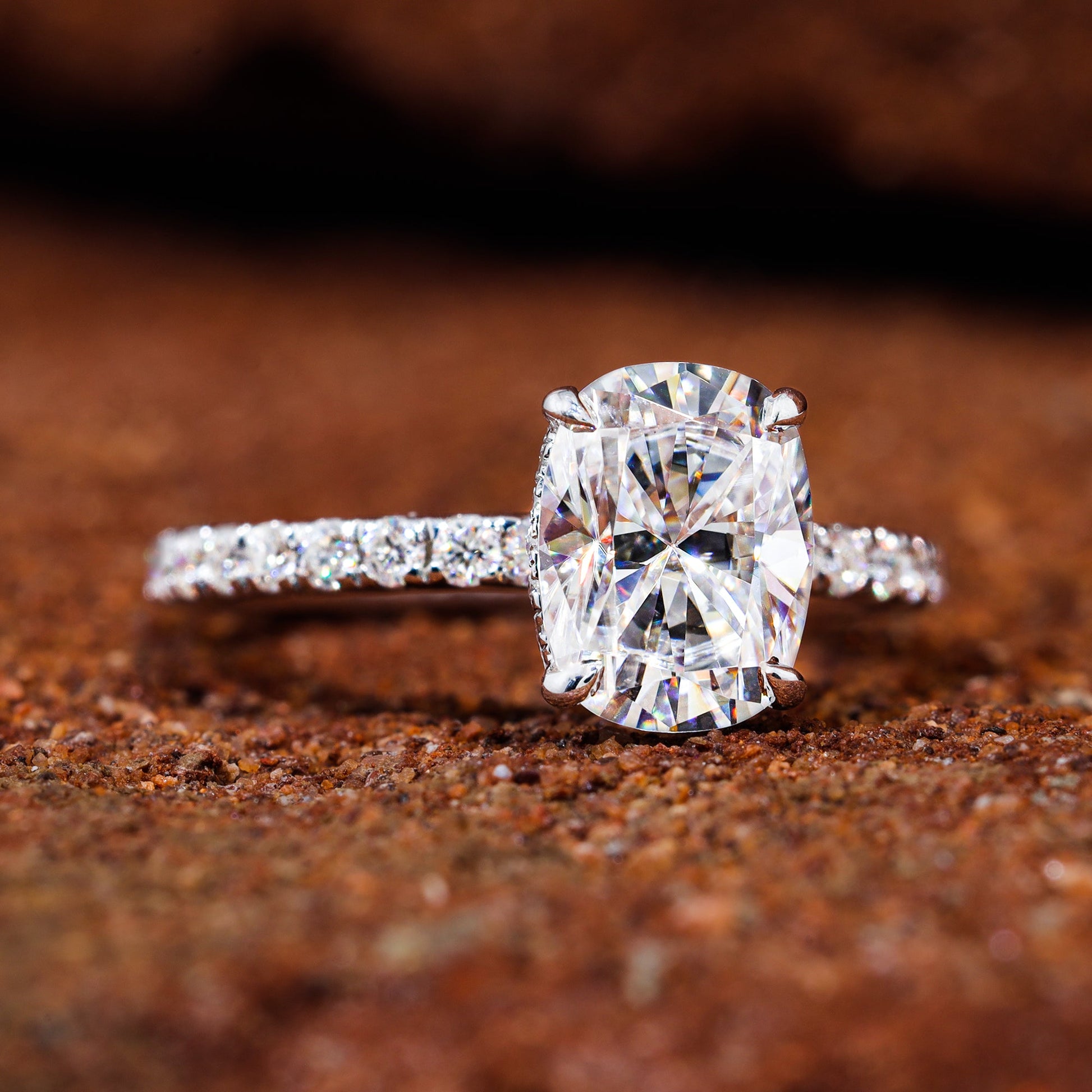 Elongated Cushion Cut Moissanite Pave Engagement Ring