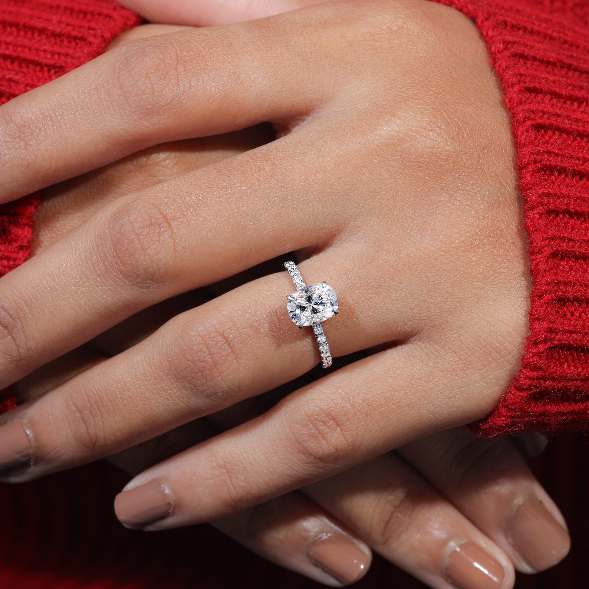 Elongated Cushion Cut Moissanite Pave Engagement Ring