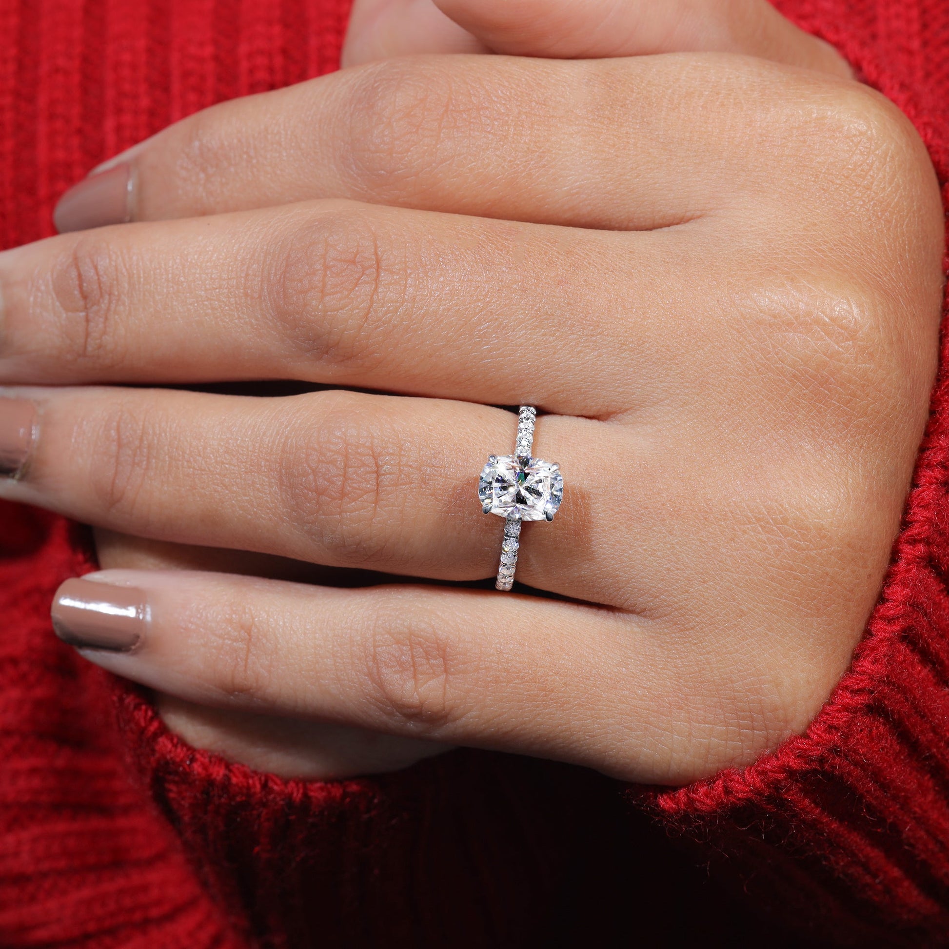 Elongated Cushion Cut Moissanite Pave Engagement Ring
