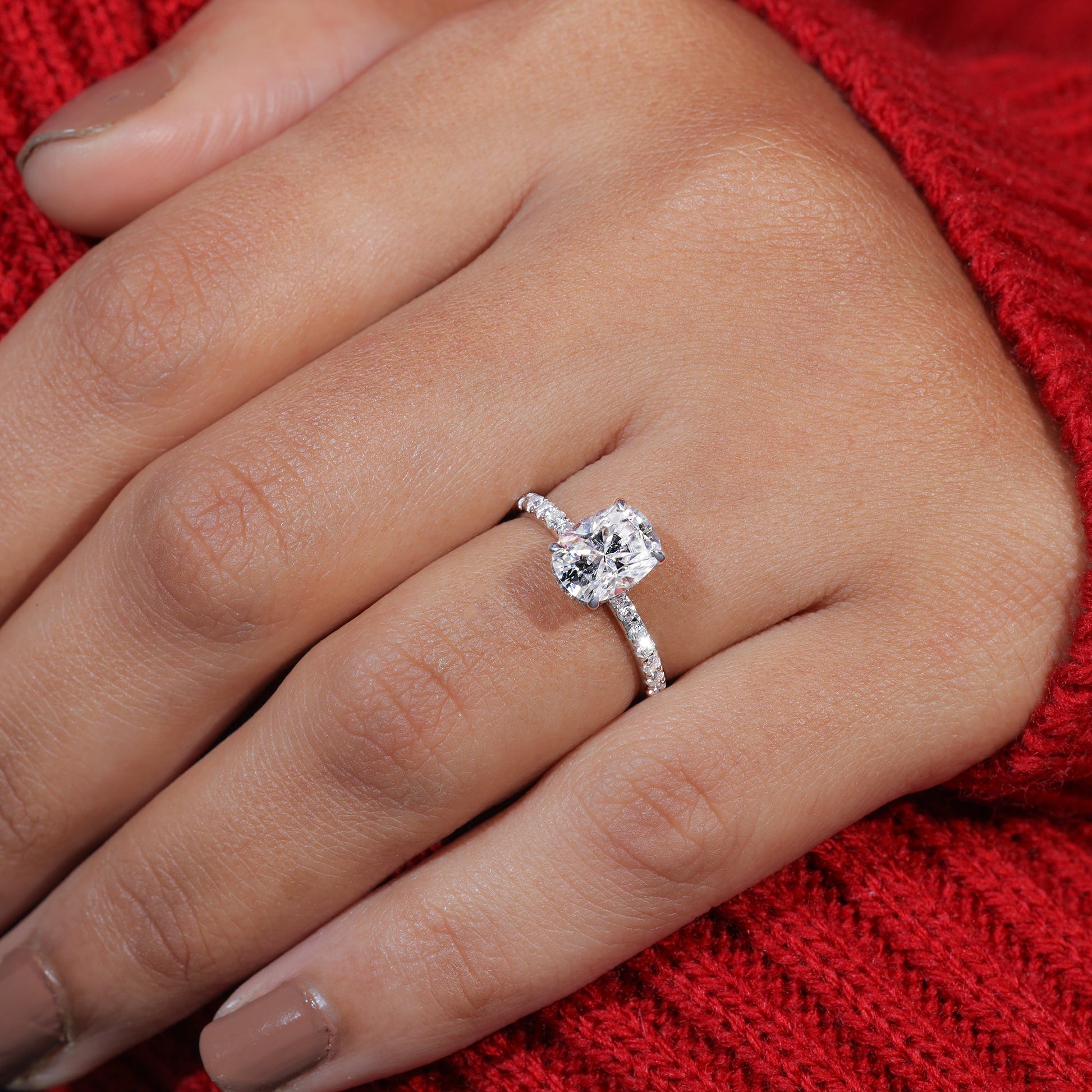 Elongated Cushion Cut Moissanite Pave Engagement Ring