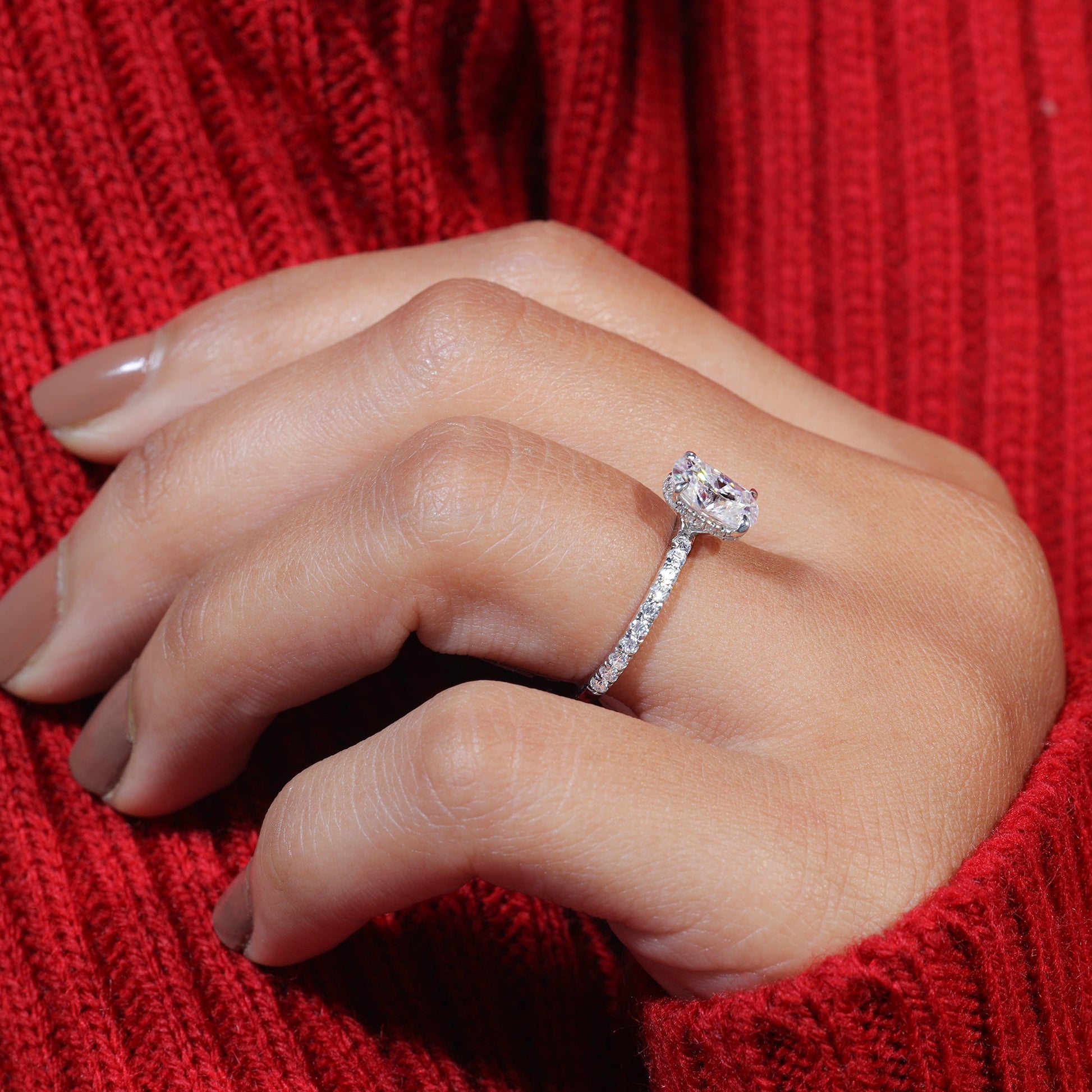 Elongated Cushion Cut Moissanite Pave Engagement Ring