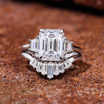 Emerald Cut Moissanite Trilogy Bridal Engagement Ring set