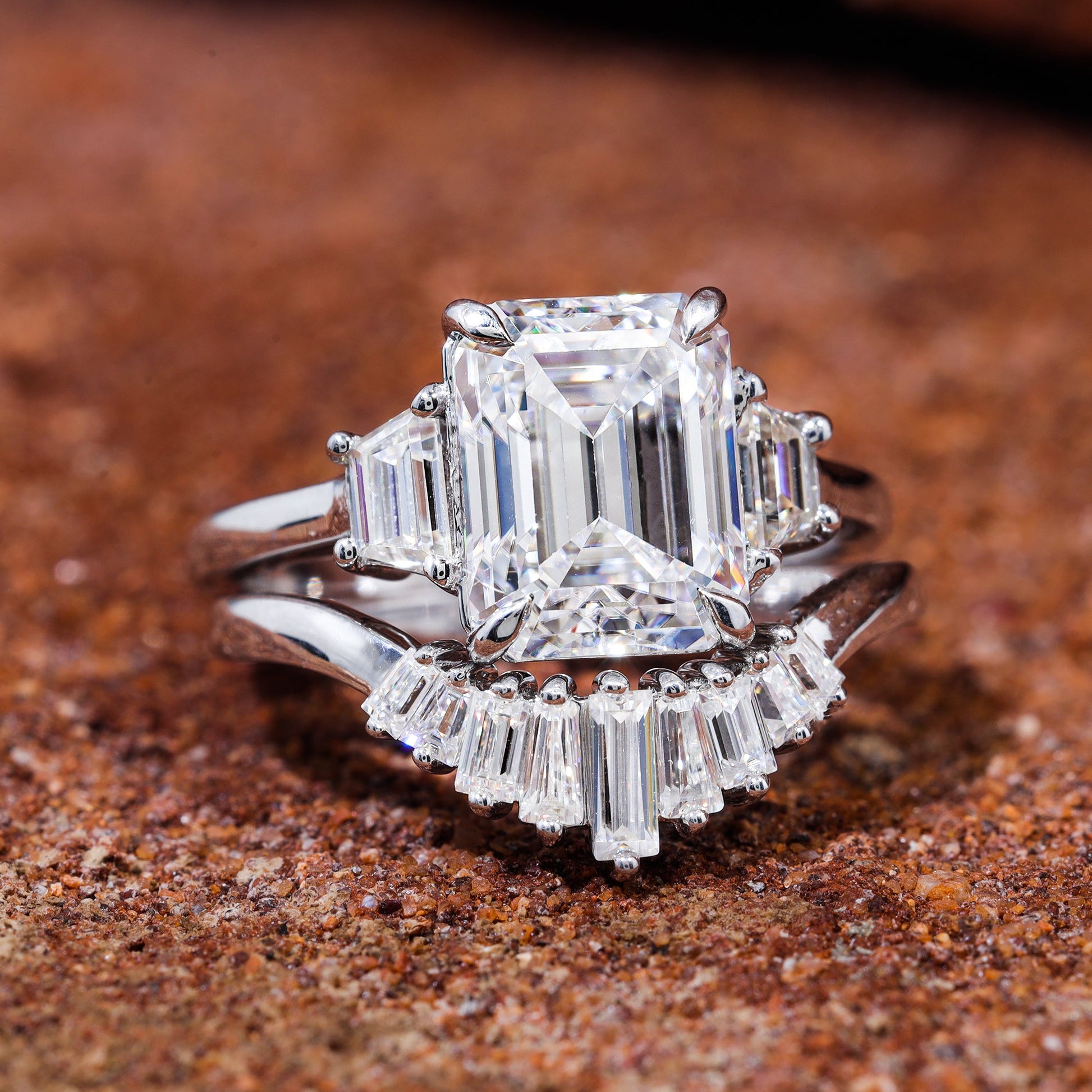 Emerald Cut Moissanite Trilogy Bridal Engagement Ring set
