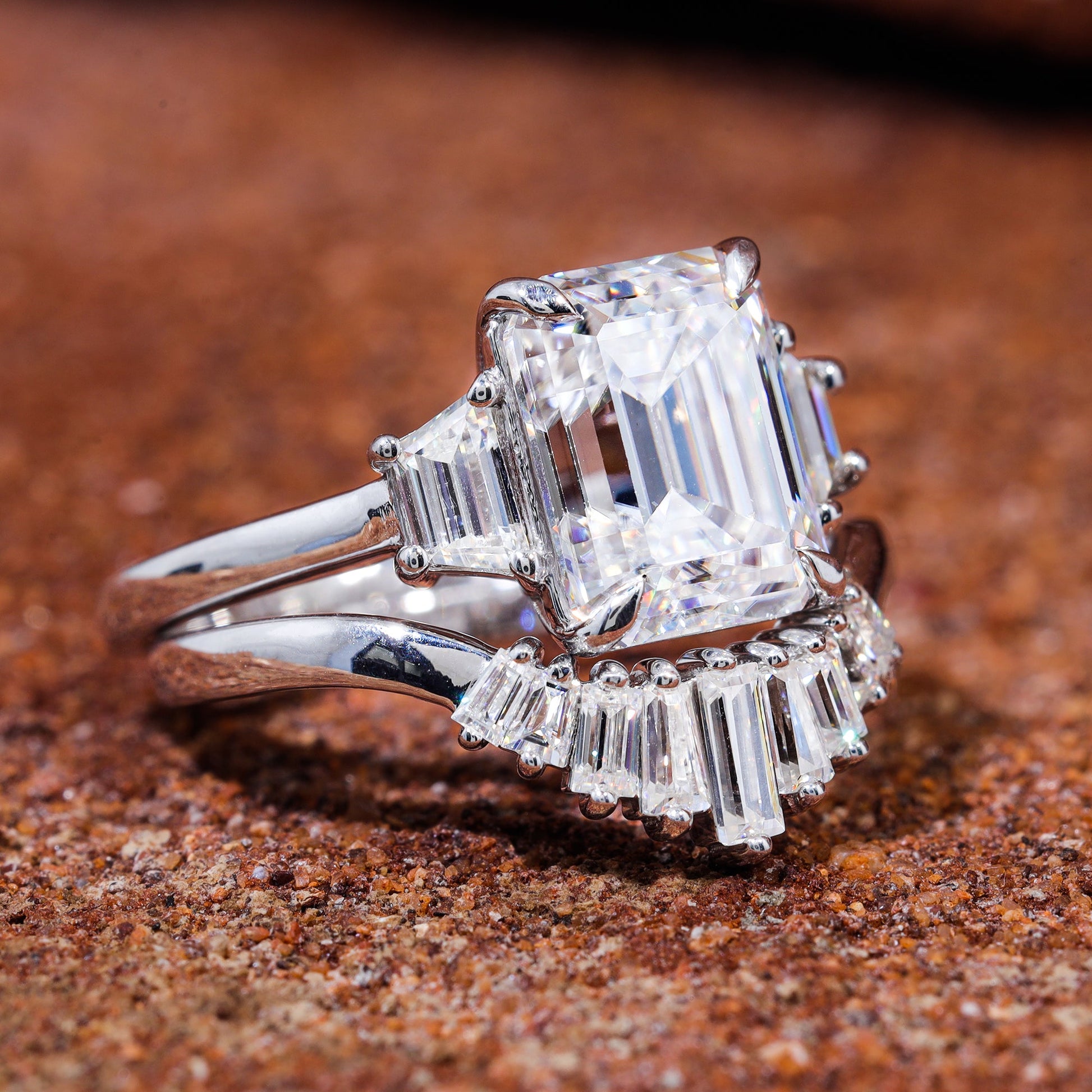 Emerald Cut Moissanite Trilogy Bridal Engagement Ring set