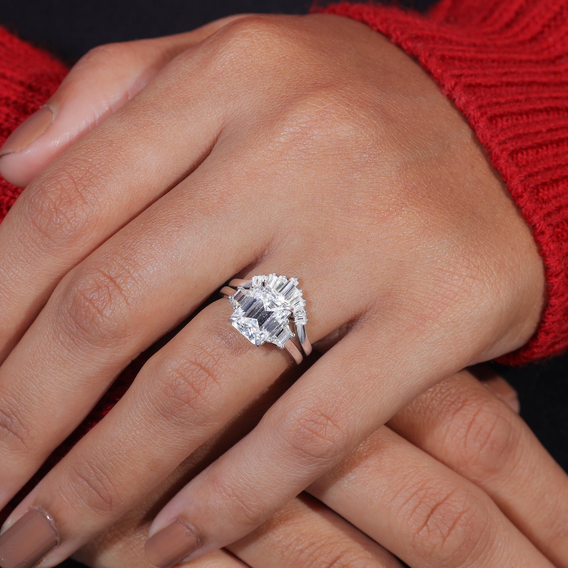 Emerald Cut Moissanite Trilogy Bridal Engagement Ring set