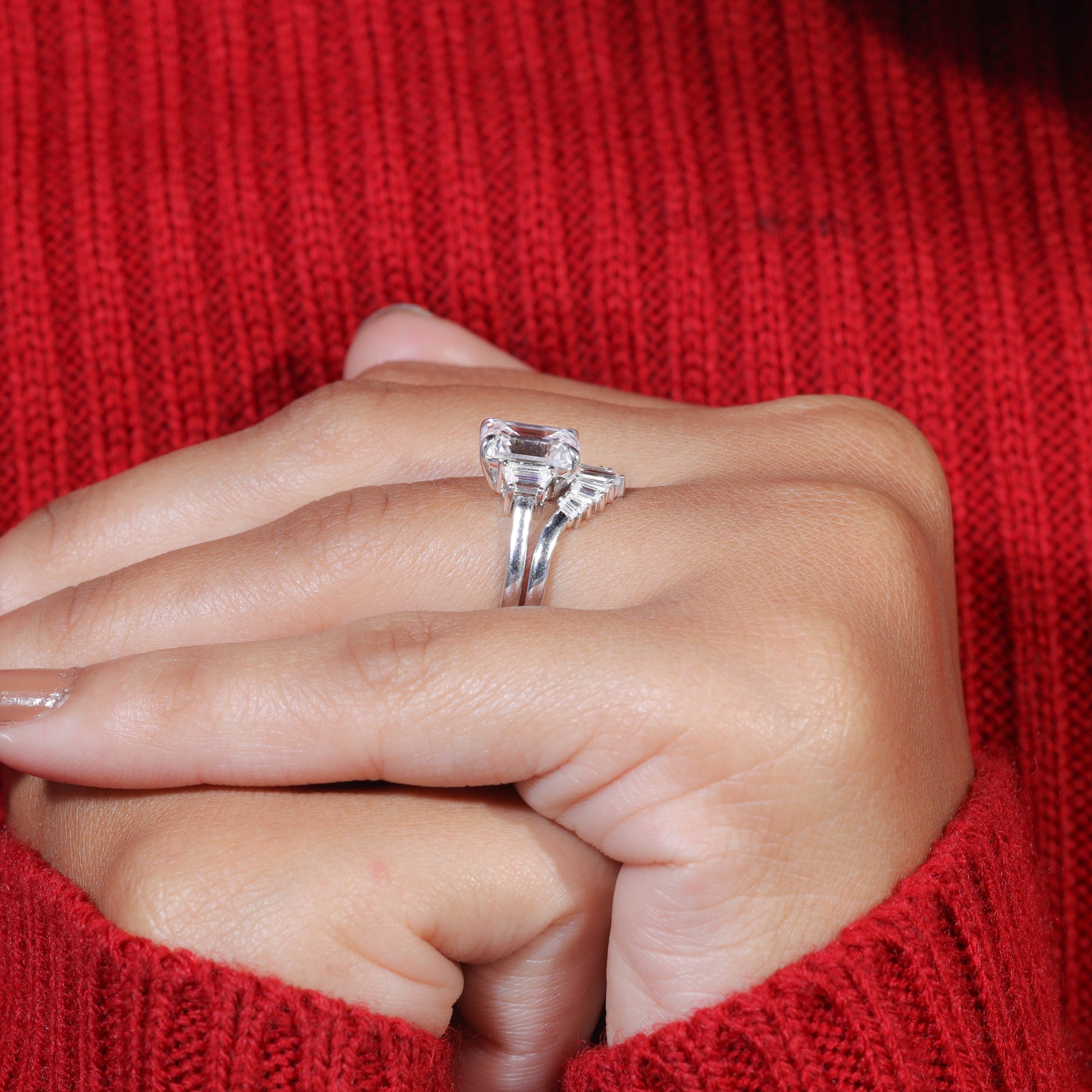 Emerald Cut Moissanite Trilogy Bridal Engagement Ring set