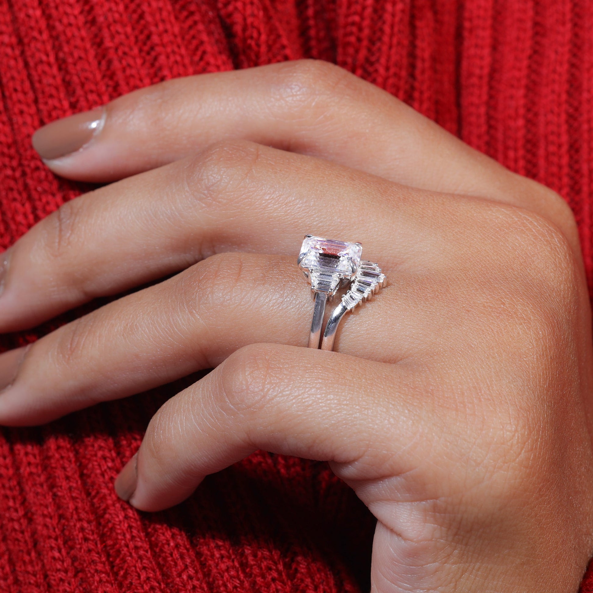 Emerald Cut Moissanite Trilogy Bridal Engagement Ring set