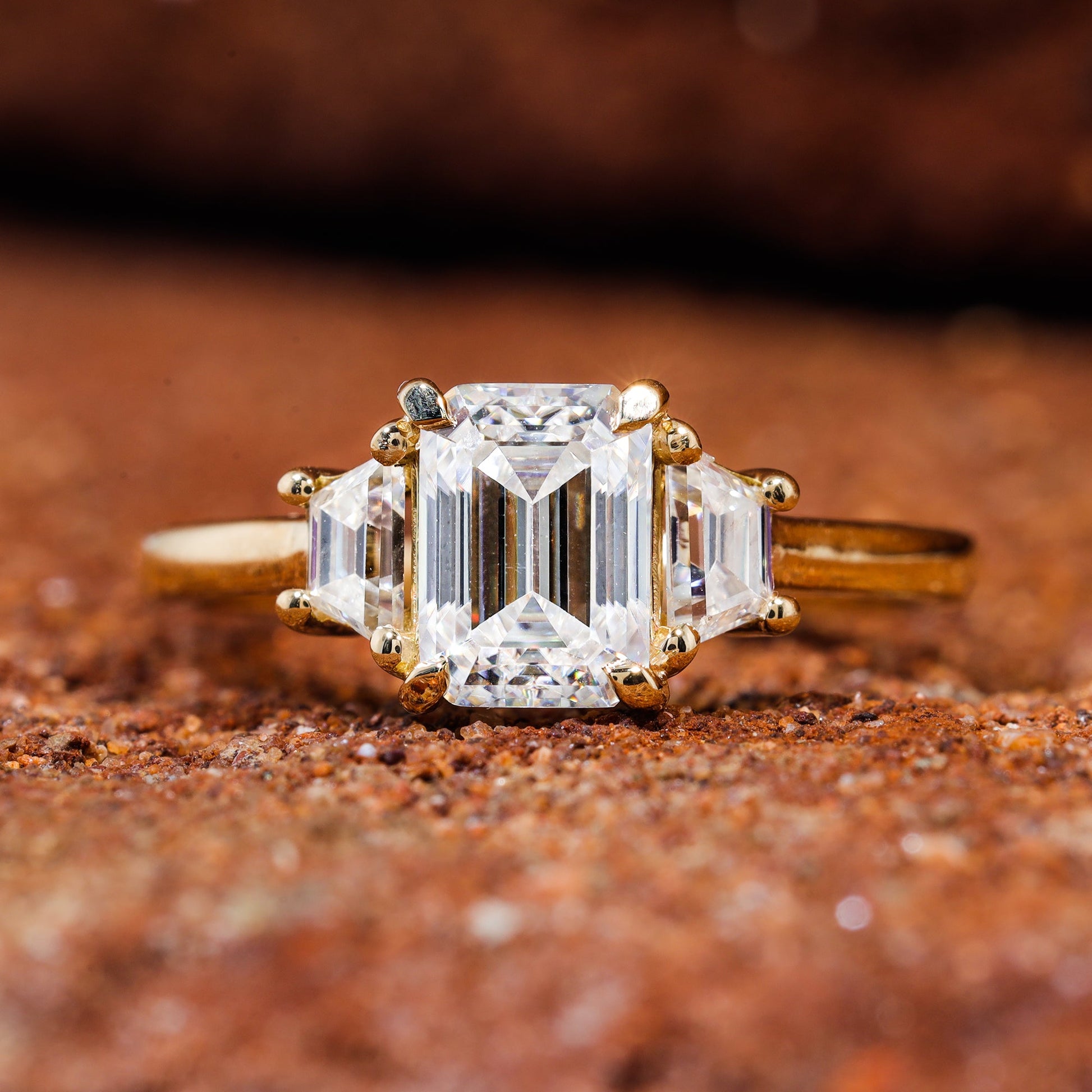 Emerald Cut Moissanite Diamond Trilogy Wedding Ring