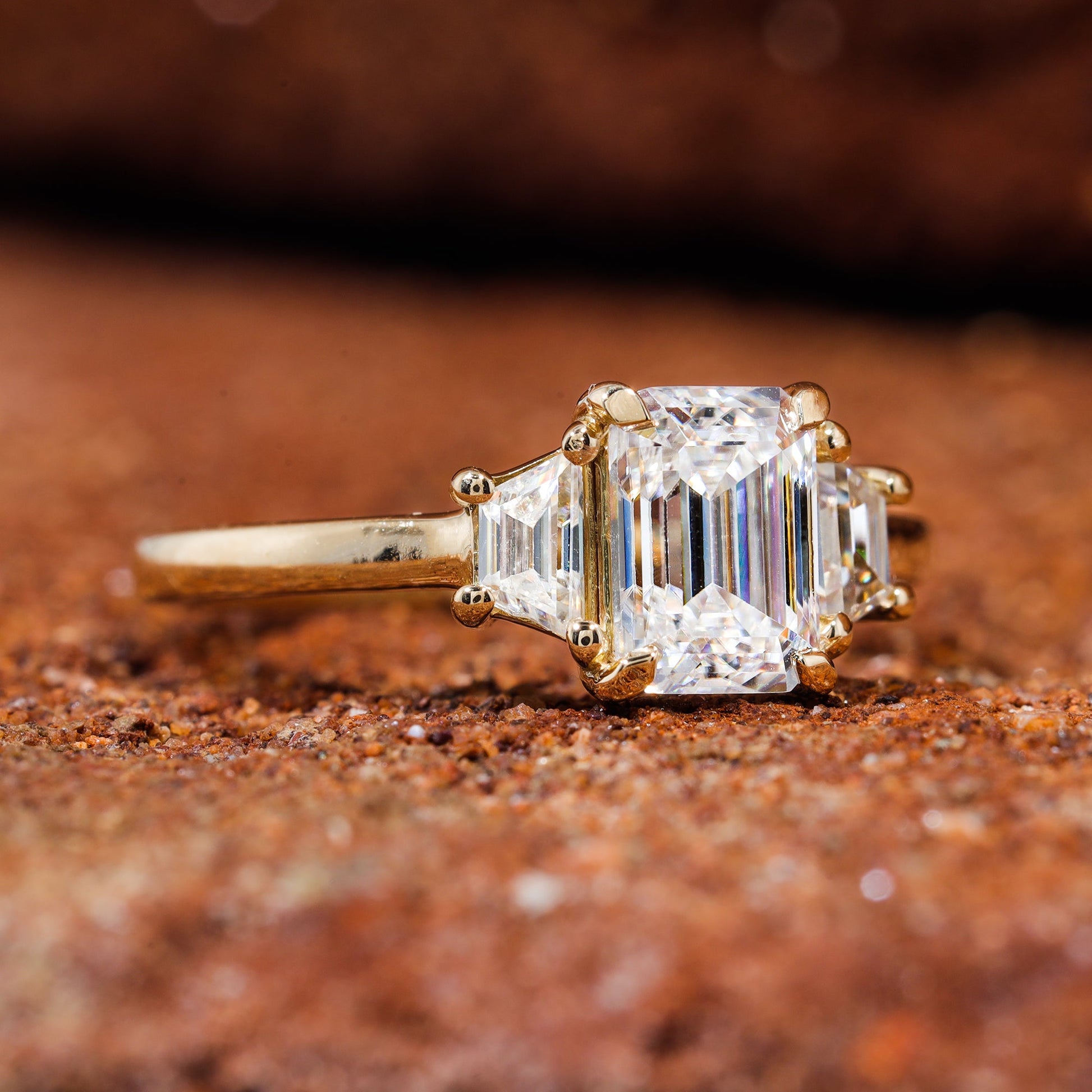 Emerald Cut Moissanite Diamond Trilogy Wedding Ring