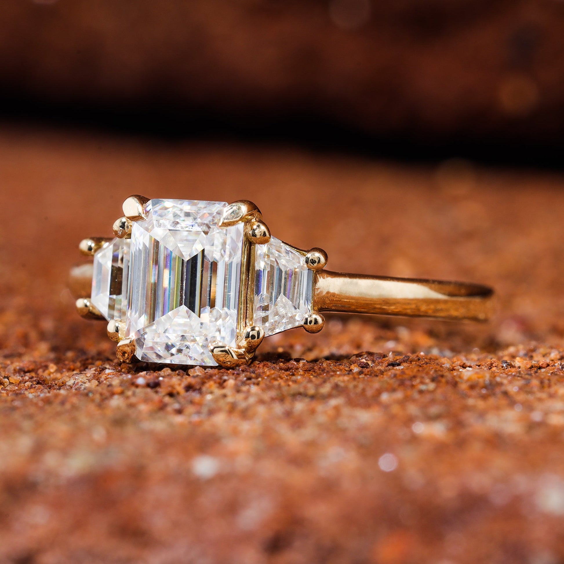 Emerald Cut Moissanite Diamond Trilogy Wedding Ring