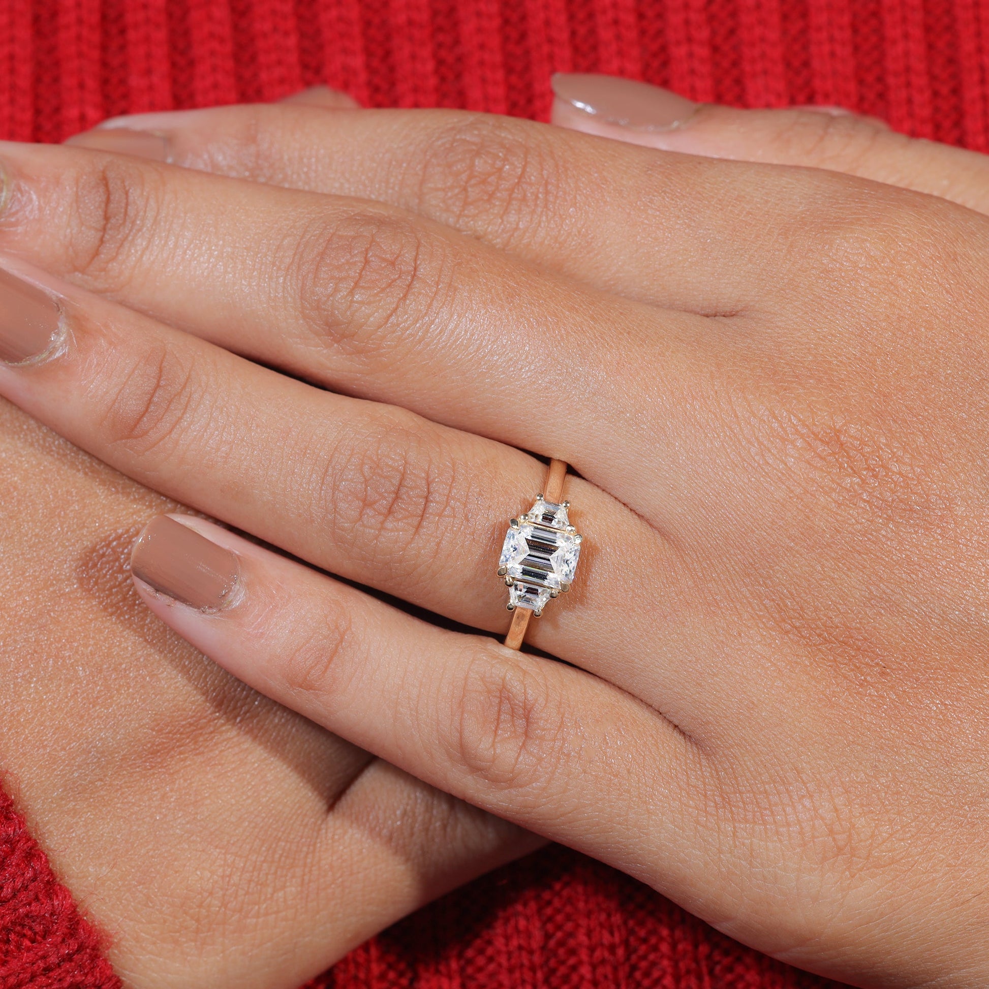 Emerald Cut Moissanite Diamond Trilogy Wedding Ring