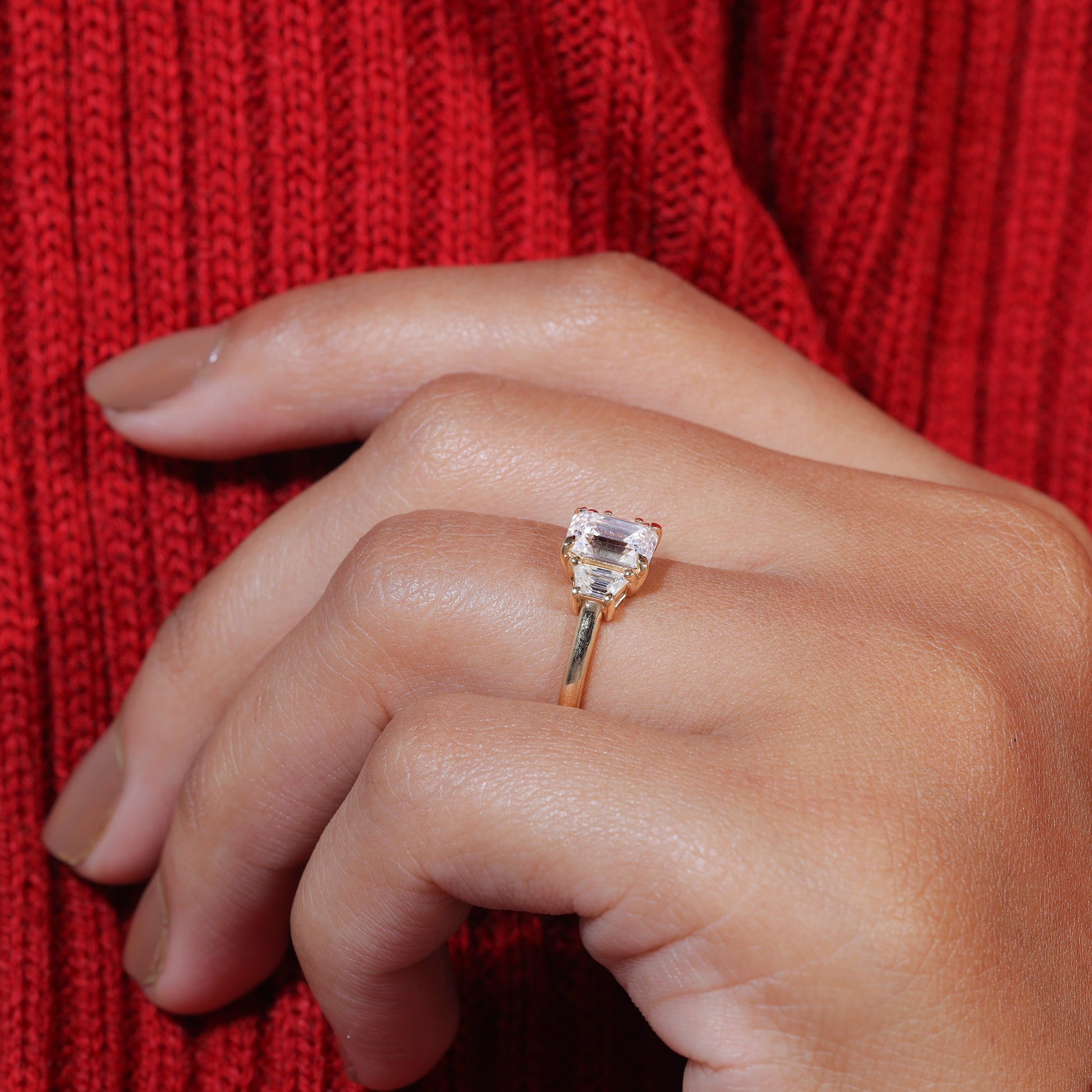 Emerald Cut Moissanite Diamond Trilogy Wedding Ring