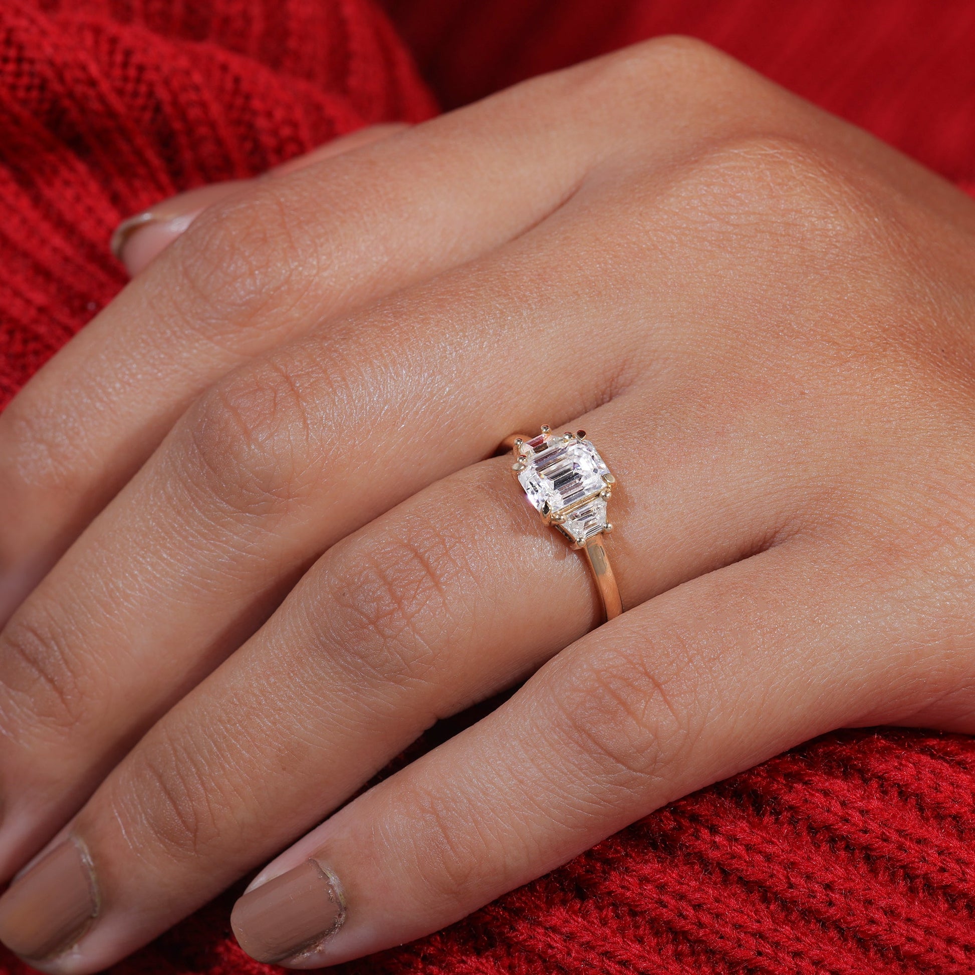 Emerald Cut Moissanite Diamond Trilogy Wedding Ring