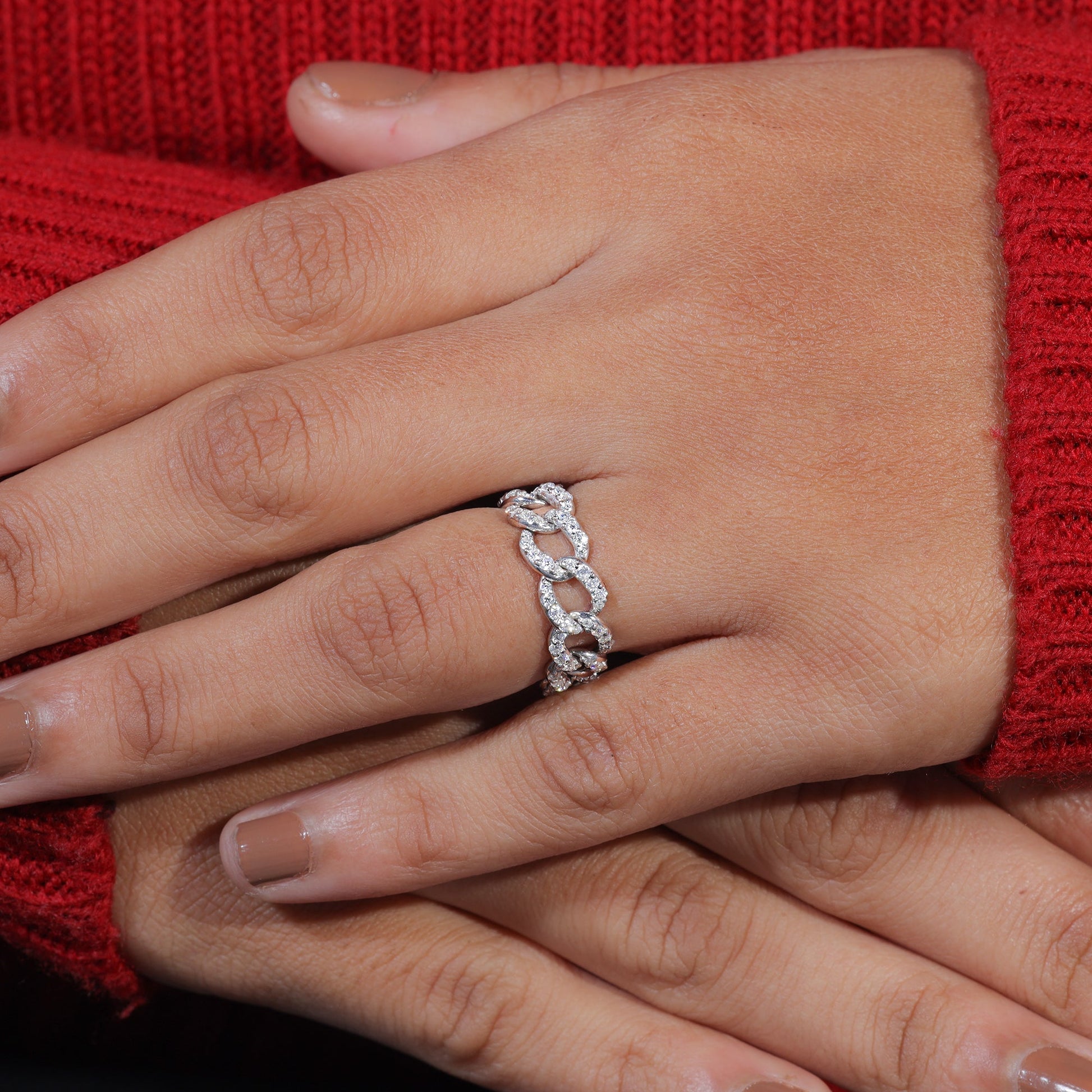 Round Moissanite Set Cuban Link Ring