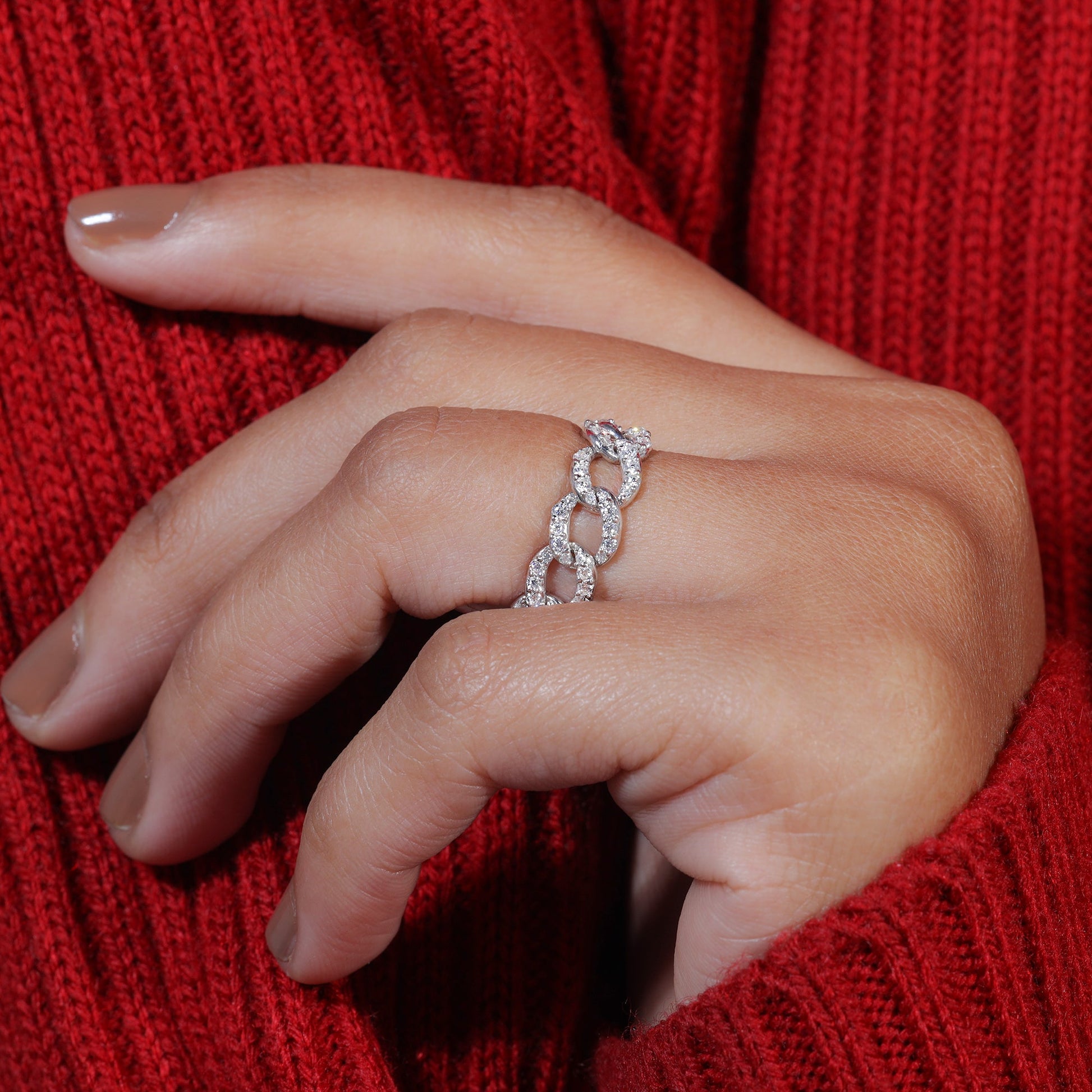 Round Moissanite Set Cuban Link Ring