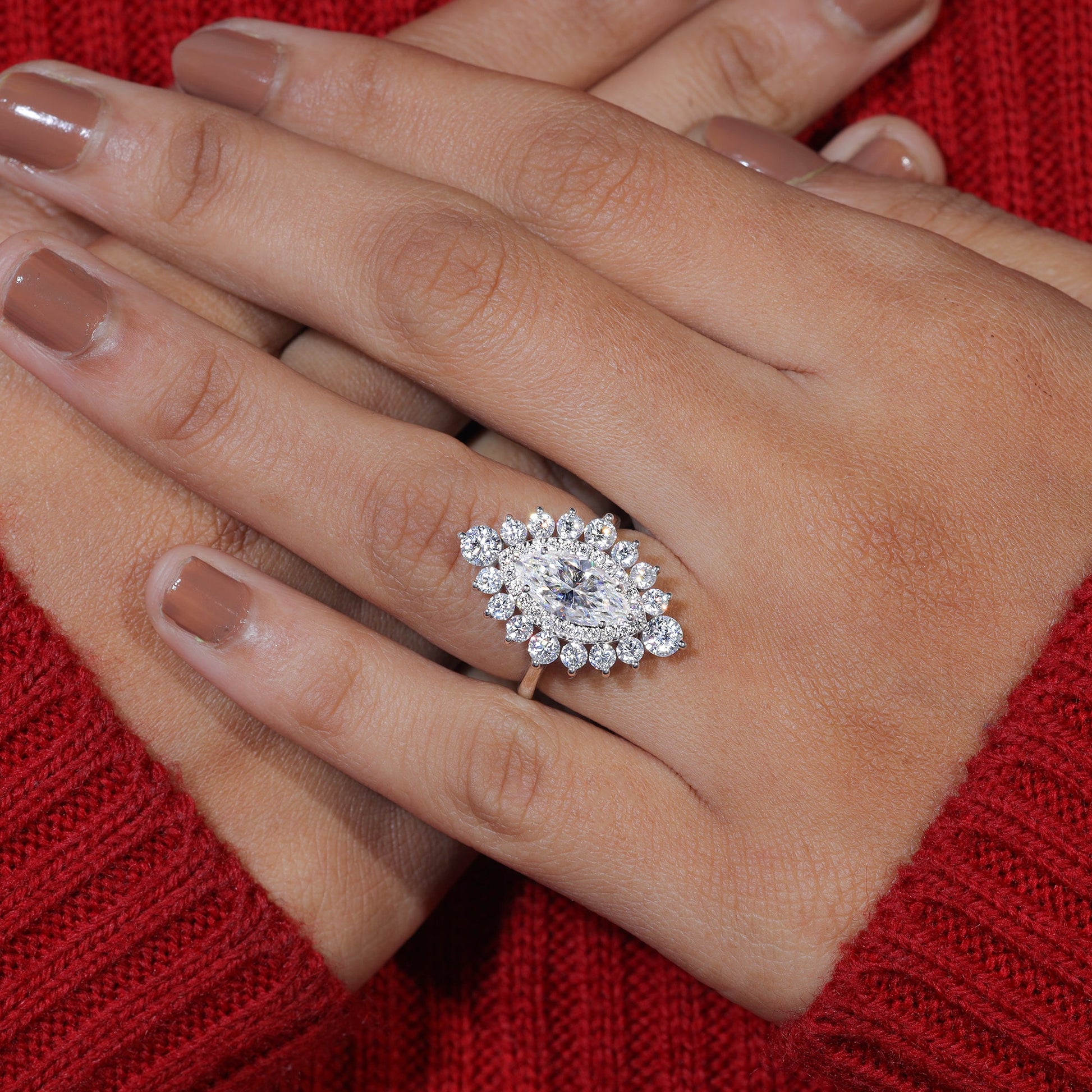 Marquise Moissanite Double Halo Set Engagement Ring